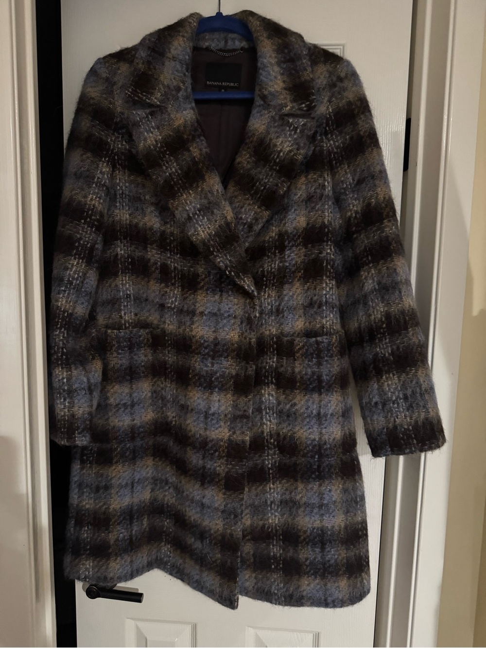 Banana Republic Plaid Wool-Blend Pea Coat in Blue and Brown